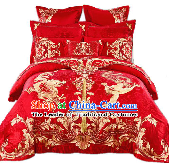 Traditional Chinese Wedding Embroidered Dragon Phoenix Red Satin Ten-piece Bedclothes Duvet Cover Textile Qulit Cover Bedding Sheet Complete Set