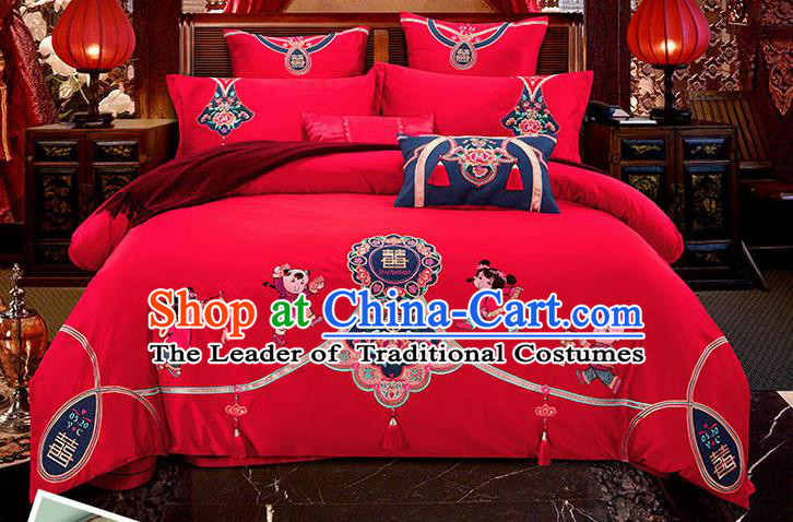Traditional Chinese Wedding Embroidered Peony Red Seven-piece Bedclothes Duvet Cover Textile Qulit Cover Bedding Sheet Complete Set