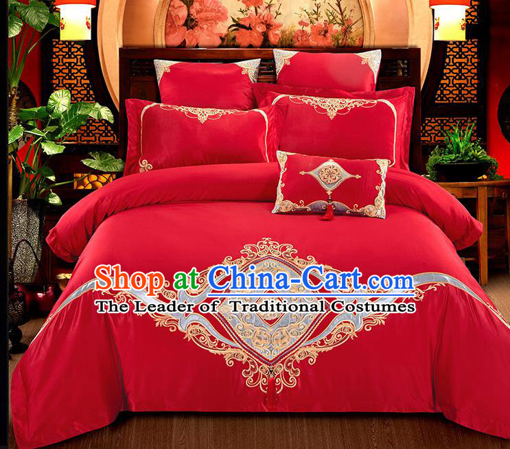 Traditional Chinese Wedding Embroidered Flowers Red Seven-piece Bedclothes Duvet Cover Textile Qulit Cover Bedding Sheet Complete Set