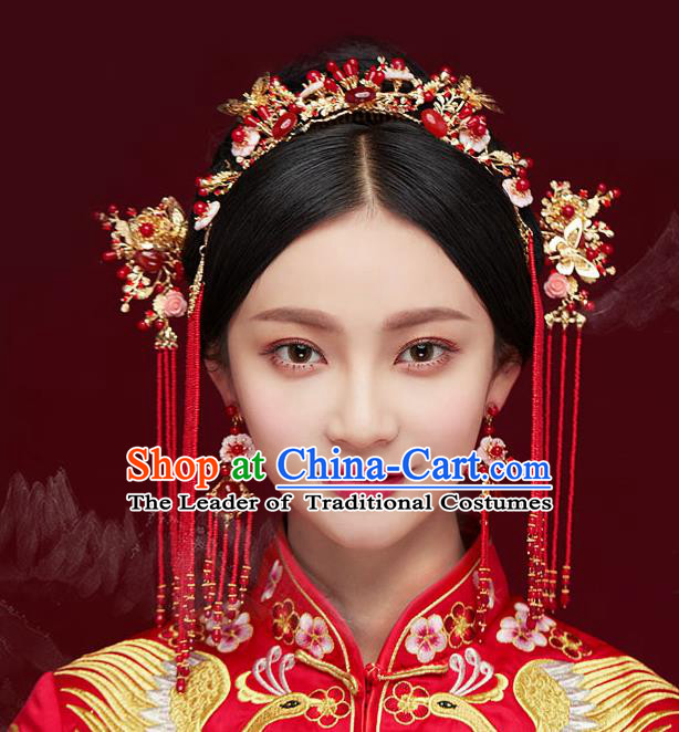 Chinese Traditional Bride Hair Jewelry Accessories Palace Xiuhe Suit Red Beads Phoenix Coronet Wedding Tassel Headwear for Women