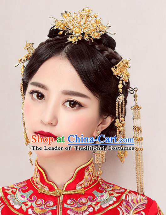 Chinese Traditional Bride Hair Jewelry Accessories Palace Xiuhe Suit Golden Phoenix Coronet Wedding Tassel Headwear for Women