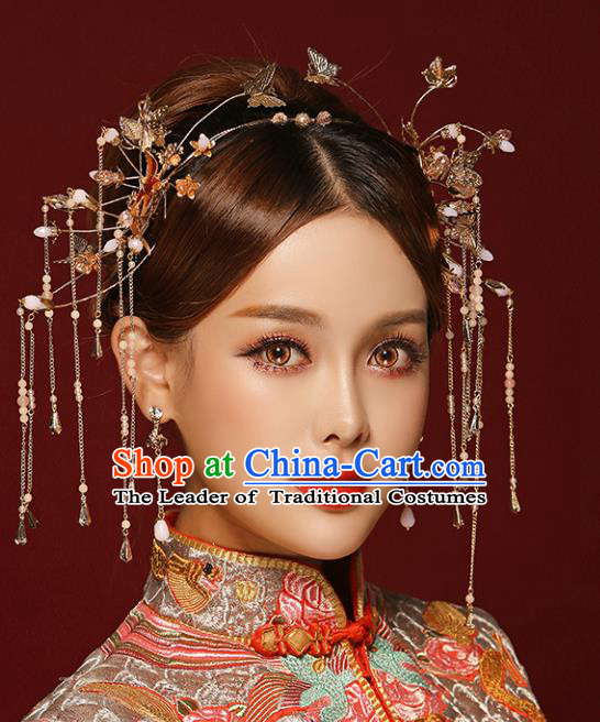 Chinese Traditional Bride Hair Jewelry Accessories Palace Xiuhe Suit Golden Phoenix Coronet Wedding Tassel Headwear for Women