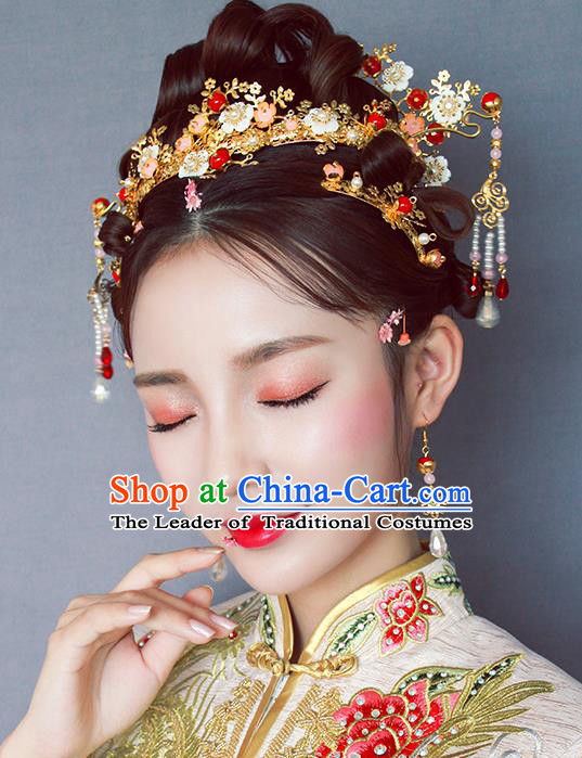 Chinese Traditional Bride Hair Jewelry Accessories Palace Xiuhe Suit Flowers Hairpins Wedding Tassel Phoenix Coronet for Women
