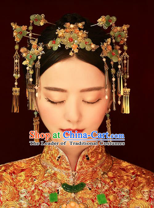 Chinese Traditional Bride Hair Jewelry Accessories Palace Xiuhe Suit Hairpins Wedding Green Flowers Phoenix Coronet for Women