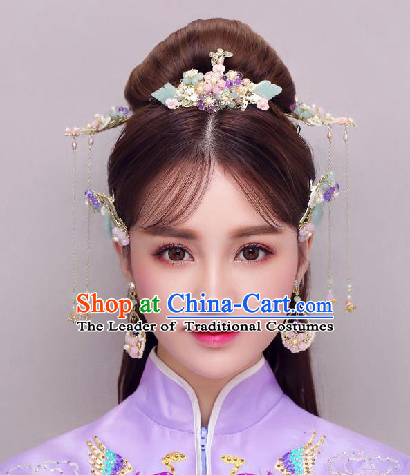 Chinese Traditional Bride Hair Jewelry Accessories Palace Xiuhe Suit Jade Phoenix Coronet Wedding Tassel Headwear for Women