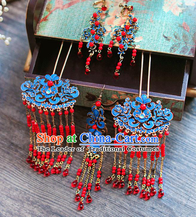Chinese Traditional Bride Hair Accessories Palace Queen Xiuhe Suit Tassel Step Shake Wedding Blueing Hairpins for Women
