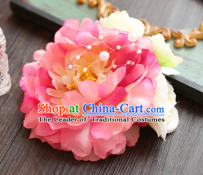 Chinese Traditional Bride Hair Accessories Wedding Pink Peony Flower Hair Stick for Women