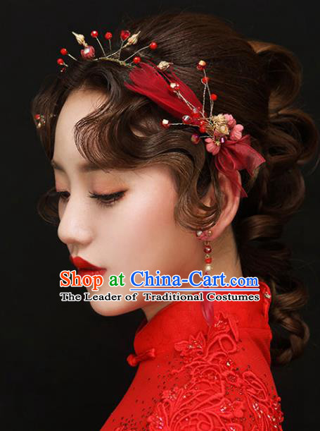 Chinese Traditional Bride Hair Accessories Wedding Red Feather Hair Clasp and Earrings for Women