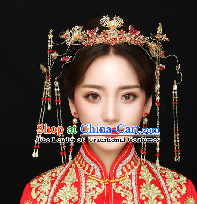 Chinese Traditional Bride Hair Accessories Headwear Xiuhe Suit Palace Red Butterfly Phoenix Coronet Wedding Hairpins for Women