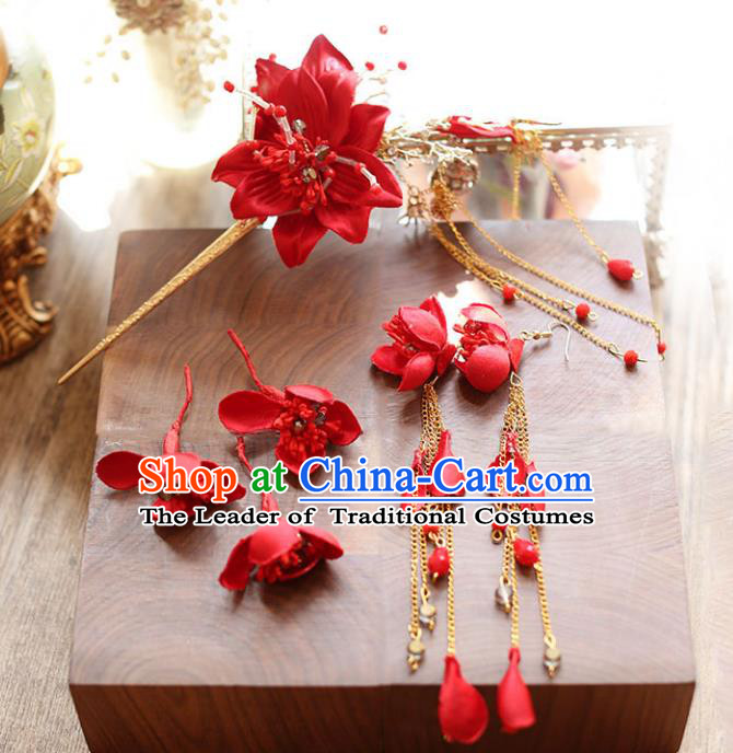 Chinese Traditional Bride Hair Accessories Xiuhe Suit Wedding Red Flowers Hairpins and Earrings for Women