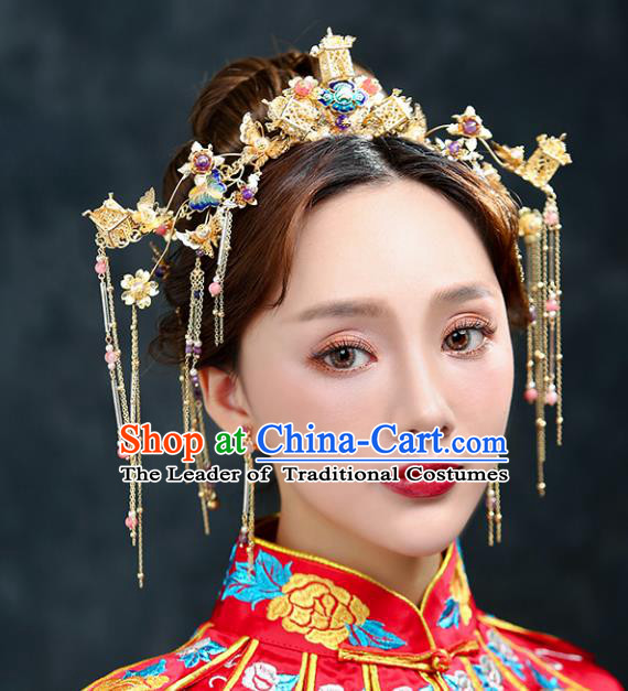 Chinese Traditional Bride Hair Accessories Xiuhe Suit Wedding Tassel Blueing Step Shake Hairpins Complete Set for Women