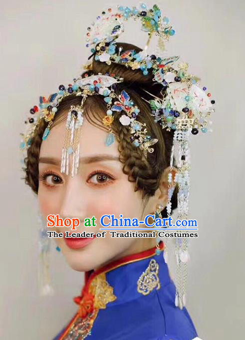 Chinese Traditional Bride Hair Accessories Xiuhe Suit Blueing Butterfly Tassel Phoenix Coronet Wedding Hairpins for Women