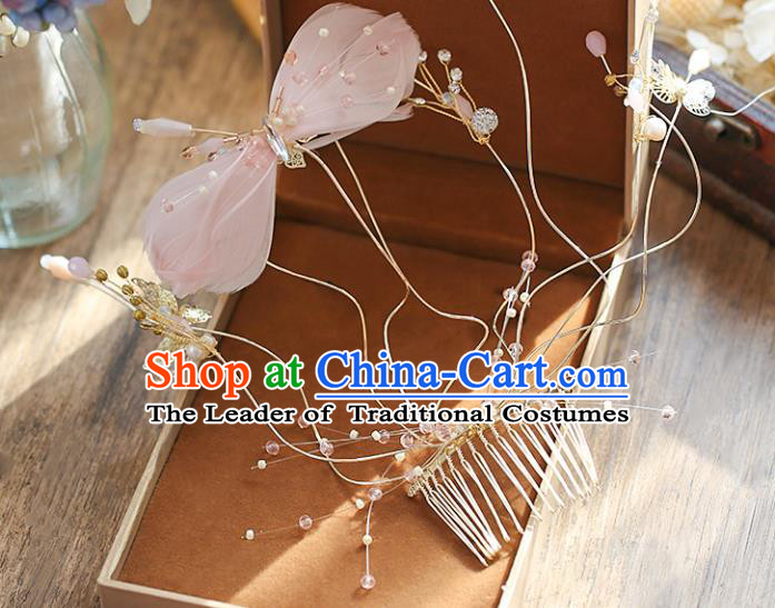 Chinese Traditional Bride Hair Accessories Baroque Princess Wedding Pink Feather Bowknot Hair Comb for Women