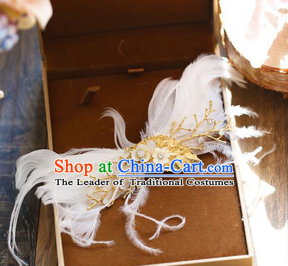 Chinese Traditional Bride Hair Accessories Baroque Princess Wedding White Feather Bowknot Hair Stick for Women