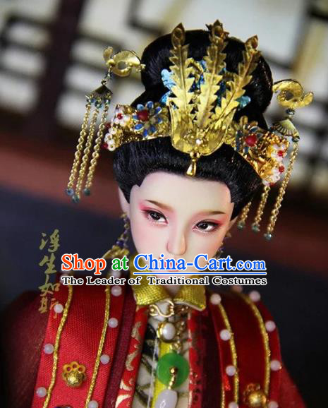 Chinese Traditional Silk Figurine Doll Hair Accessories Flowers Hairpins Ancient Han Dynasty Queen Phoenix Coronet Headwear
