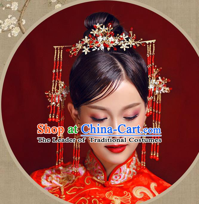Chinese Traditional Bride Hair Accessories Xiuhe Suit Red Beads Tassel Step Shake Wedding Hairpins for Women