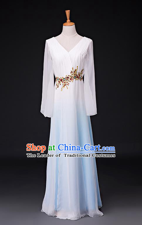 Traditional Chinese Modern Dance Costume Opening Chorus Singing Group Blue Bubble Dress for Women