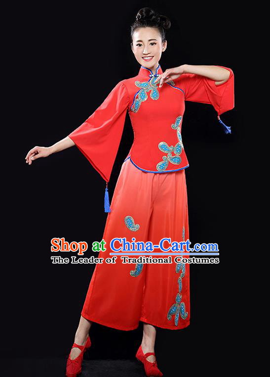 Traditional Chinese Classical Yangge Dance Red Uniforms Embroidered Costume, China Yangko Dance Dress Clothing for Women