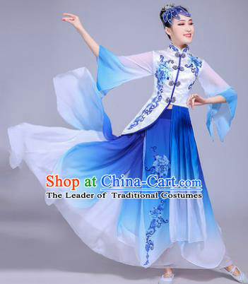 Traditional Chinese Classical Umbrella Dance Embroidered Costume, China Yangko Folk Dance Blue Dress Clothing for Women