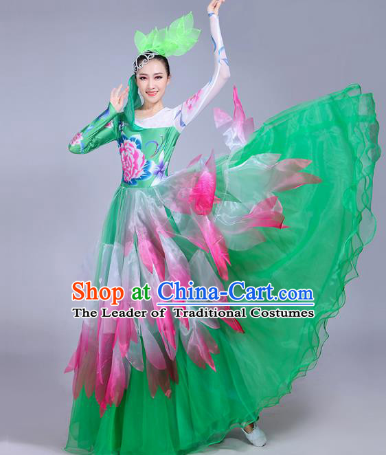 Traditional Chinese Modern Dance Opening Dance Flowers Green Dress Clothing, China Folk Dance Lotus Dance Costume for Women