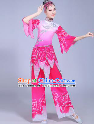 Traditional Chinese Classical Umbrella Dance Costume, China Yangko Folk Dance Pink Clothing for Women