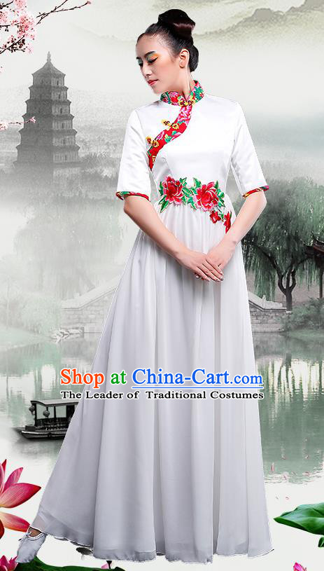 Traditional Chinese Classical Dance Umbrella Dance Cheongsam, China Yangko Folk Dance White Dress Clothing for Women