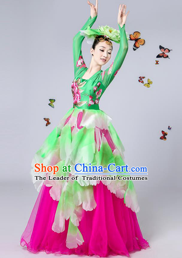 Traditional Chinese Modern Dance Opening Dance Embroidered Green Bubble Dress Clothing for Women
