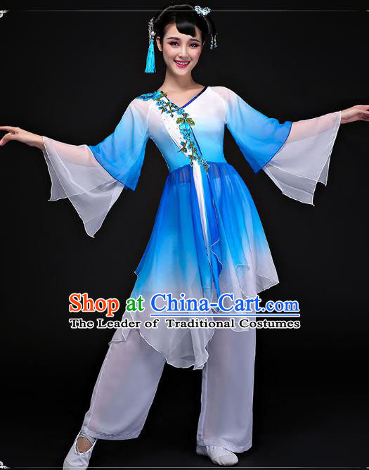 Traditional Chinese Classical Yangge Dance Costume, China Yangko Folk Dance Blue Clothing for Women