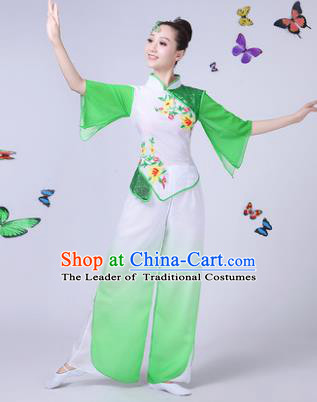 Traditional Chinese Classical Umbrella Dance Green Costume, China Yangko Folk Fan Dance Clothing for Women