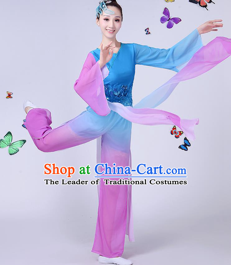 Traditional Chinese Classical Umbrella Dance Blue Costume, China Yangko Folk Fan Dance Clothing for Women