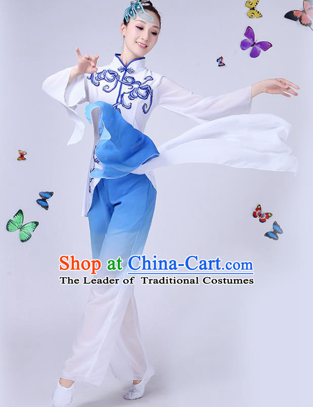 Traditional Chinese Classical Umbrella Dance White Costume, China Yangko Folk Fan Dance Clothing for Women