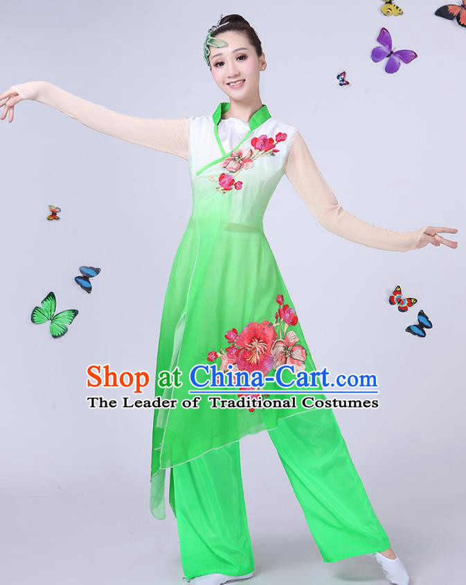 Traditional Chinese Classical Umbrella Dance Green Embroidered Costume, China Yangko Folk Fan Dance Clothing for Women