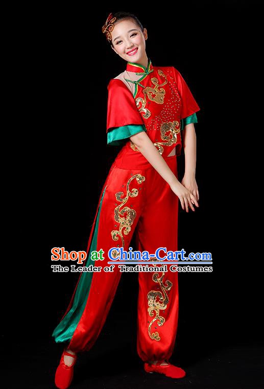 Traditional Chinese Yangge Fan Classical Dance Red Uniform, China Folk Yangko Drum Dance Clothing for Women