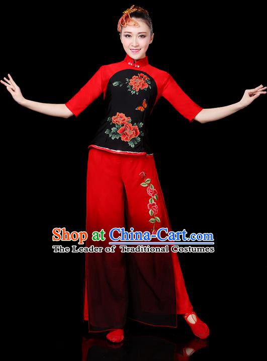 Traditional Chinese Yangge Fan Classical Dance Embroidered Uniform, China Folk Yangko Drum Dance Clothing for Women