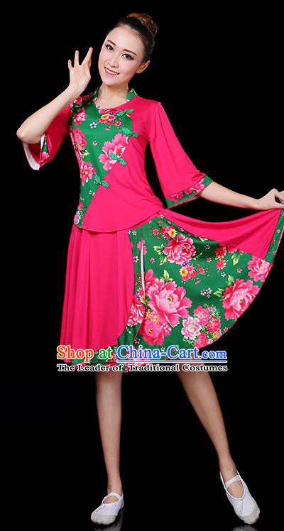 Traditional Chinese Yangge Fan Classical Dance Peony Rosy Uniform, China Folk Yangko Drum Dance Clothing for Women