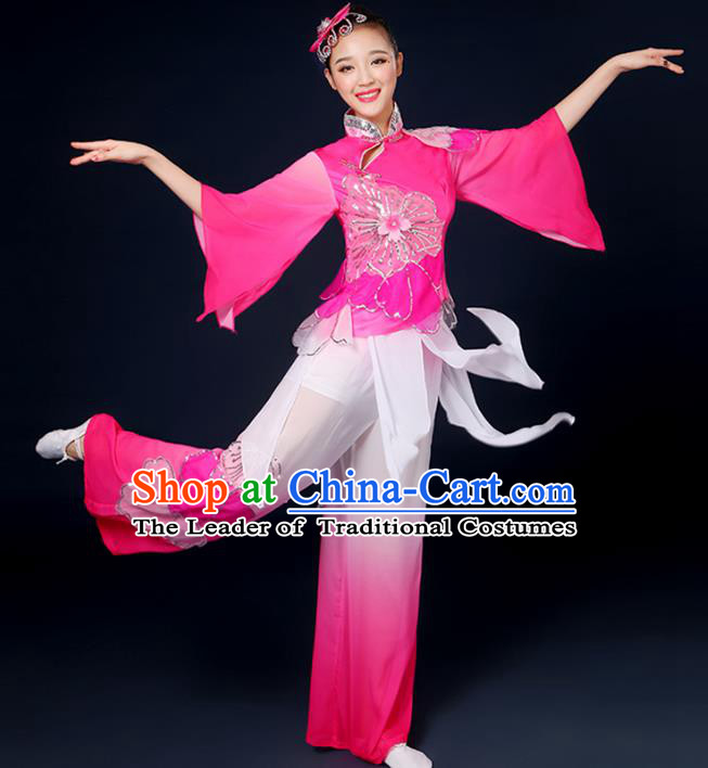 Traditional Chinese Yangge Fan Dance Embroidered Pink Uniform, China Classical Folk Yangko Drum Dance Clothing for Women