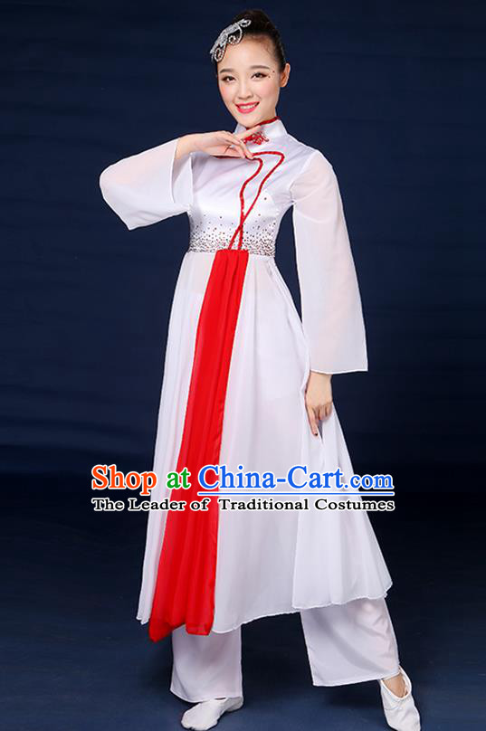 Traditional Chinese Yangge Fan Dance Embroidered White Dress, China Classical Folk Yangko Umbrella Dance Clothing for Women