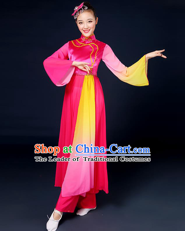 Traditional Chinese Yangge Fan Dance Embroidered Rosy Dress, China Classical Folk Yangko Umbrella Dance Clothing for Women