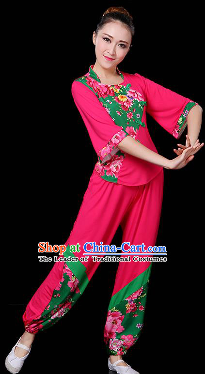 Traditional Chinese Yangge Fan Dance Rosy Uniform, China Classical Folk Yangko Drum Dance Clothing for Women