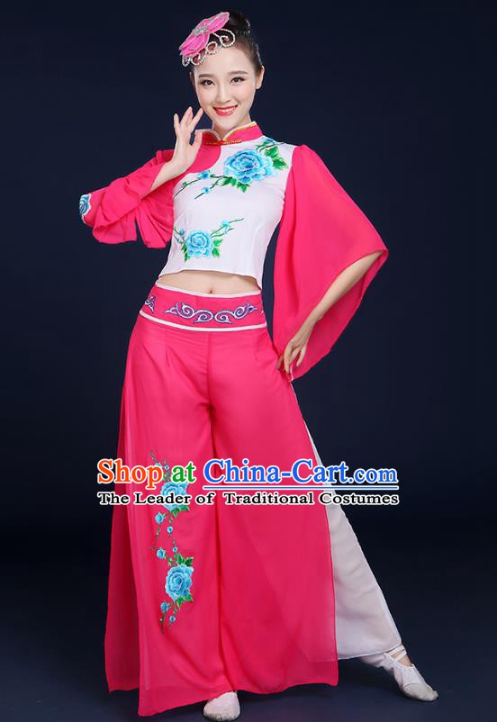 Traditional Chinese Folk Yangge Fan Classical Dance Peony Pink Uniform, China Yangko Drum Dance Clothing for Women