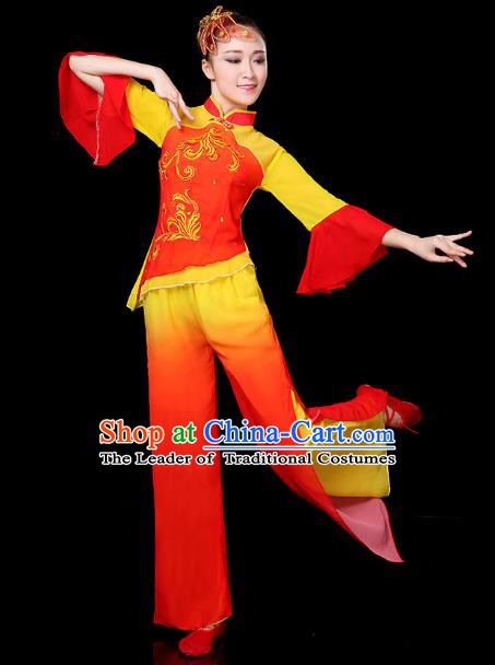 Traditional Chinese Yangge Fan Classical Dance Red Uniform, China Folk Yangko Drum Dance Clothing for Women
