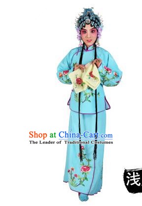 Chinese Beijing Opera Servant Girl Embroidered Light Blue Costume, China Peking Opera Actress Embroidery Clothing