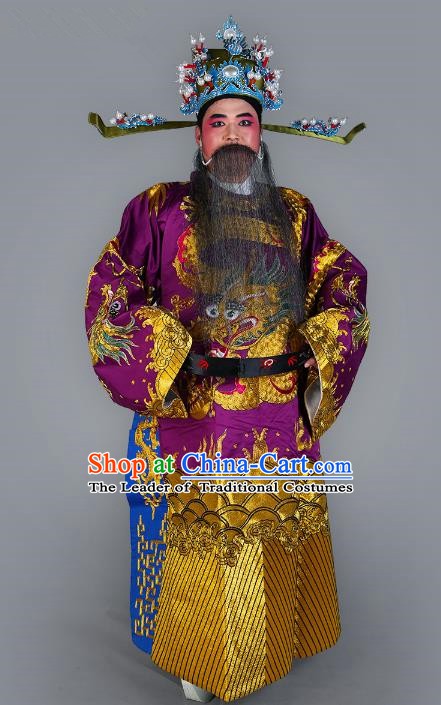 Chinese Beijing Opera Bao Zheng Costume Purple Embroidered Robe, China Peking Opera Prime Minister Embroidery Dragon Gwanbok Clothing