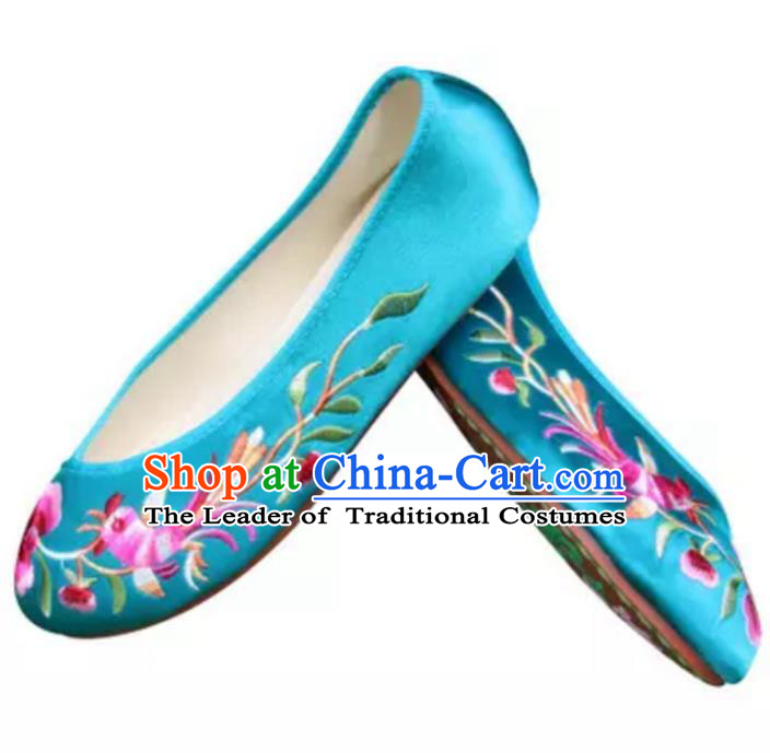 Traditional Chinese National Bride Blue Satin Embroidered Shoes, China Handmade Embroidery Phoenix Peony Hanfu Slippers for Women