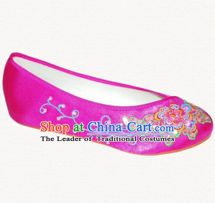 Traditional Chinese National Bride Rosy Embroidered Shoes, China Handmade Embroidery Flowers Hanfu Cloth Shoes for Women