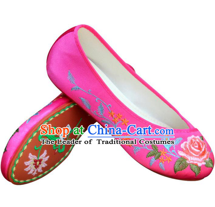 Traditional Chinese National Bride Peach Pink Embroidered Shoes, China Handmade Embroidery Peony Flowers Hanfu Cloth Shoes for Women