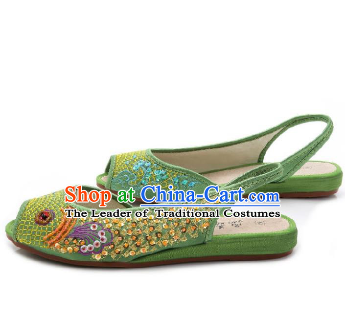Traditional Chinese National Bride Green Paillette Embroidered Sandal, China Handmade Embroidery Flowers Peep-toe Shoes for Women