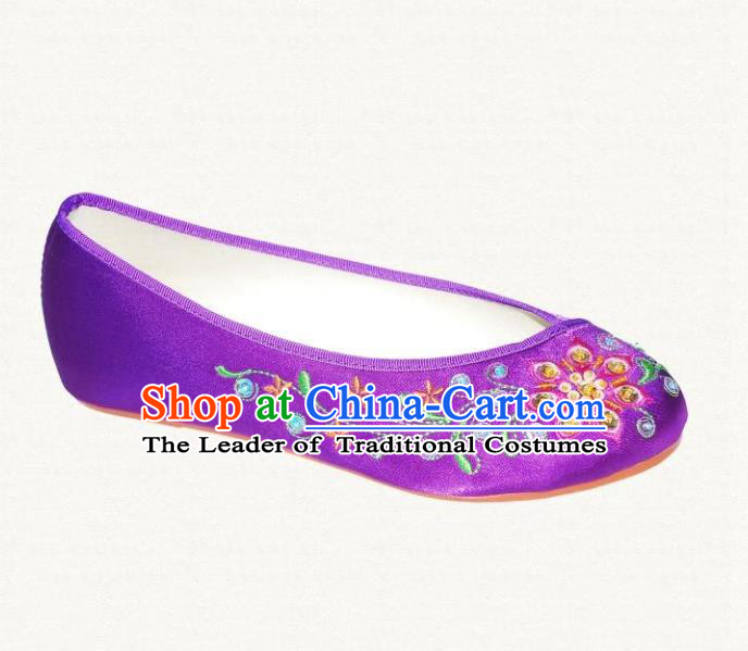 Traditional Chinese National Bride Purple Satin Embroidered Shoes, China Handmade Embroidery Hanfu Cloth Shoes for Women