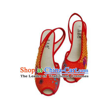 Traditional Chinese National Bride Dark Red Paillette Embroidered Sandal, China Handmade Embroidery Flowers Peep-toe Shoes for Women