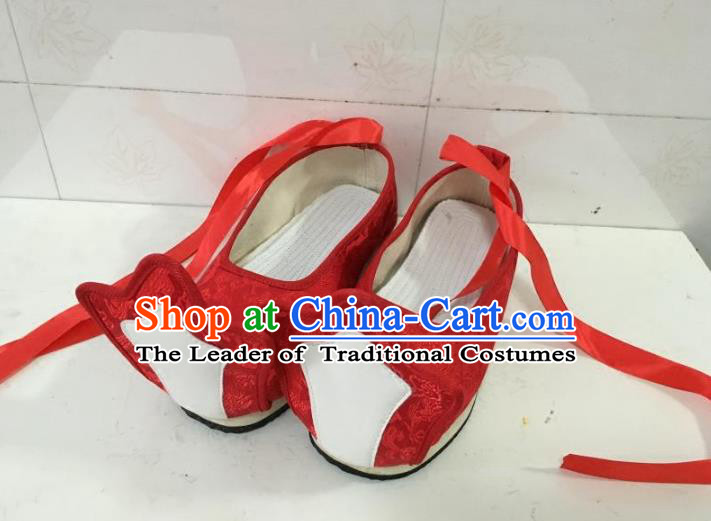 Traditional Chinese Ancient Han Dynasty Princess Embroidered Red Shoes, China Handmade Hanfu Embroidery Wedding Shoes for Women